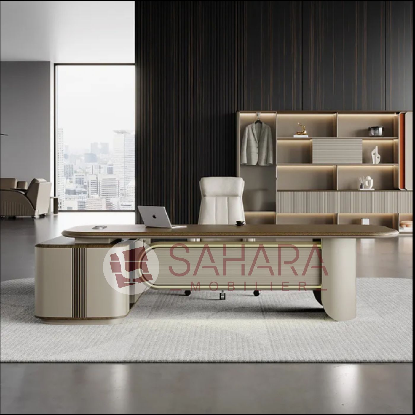 Bureau de direction importation avec retour fixe et caisson mobile en bois